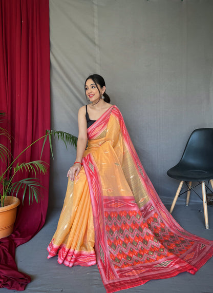 Classy Linen Chap Border Orange Color Saree