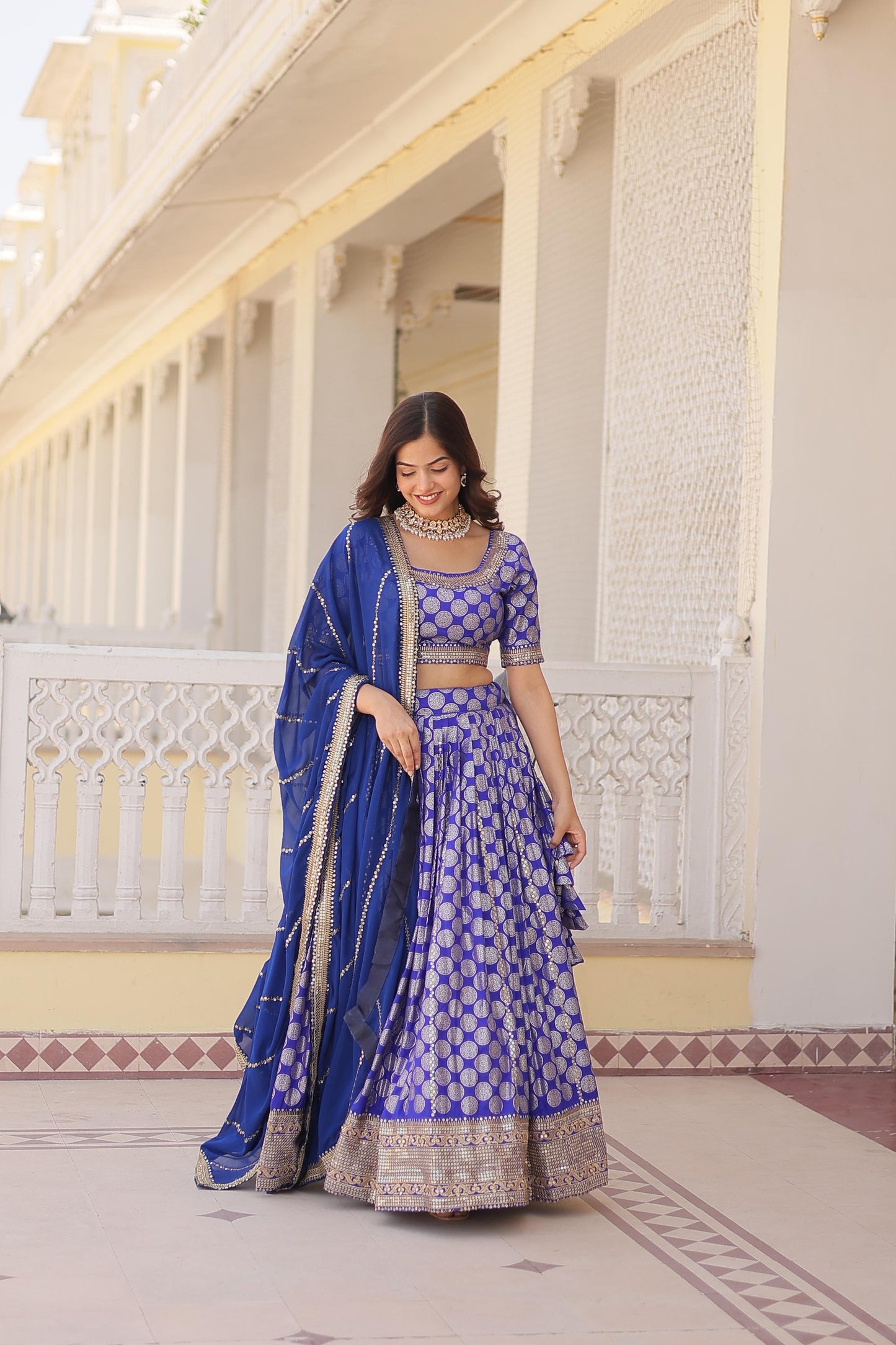 Elegant Jacquard Work Blue Color Lehenga Choli