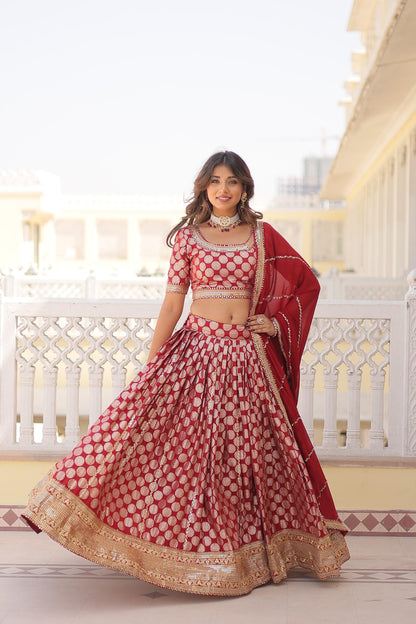 Elegant Jacquard Work Red Color Lehenga Choli