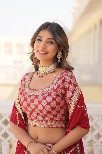 Elegant Jacquard Work Red Color Lehenga Choli