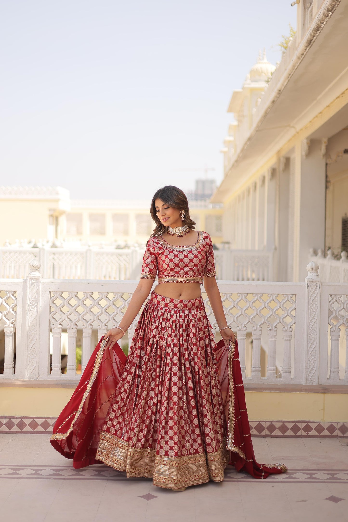 Elegant Jacquard Work Red Color Lehenga Choli