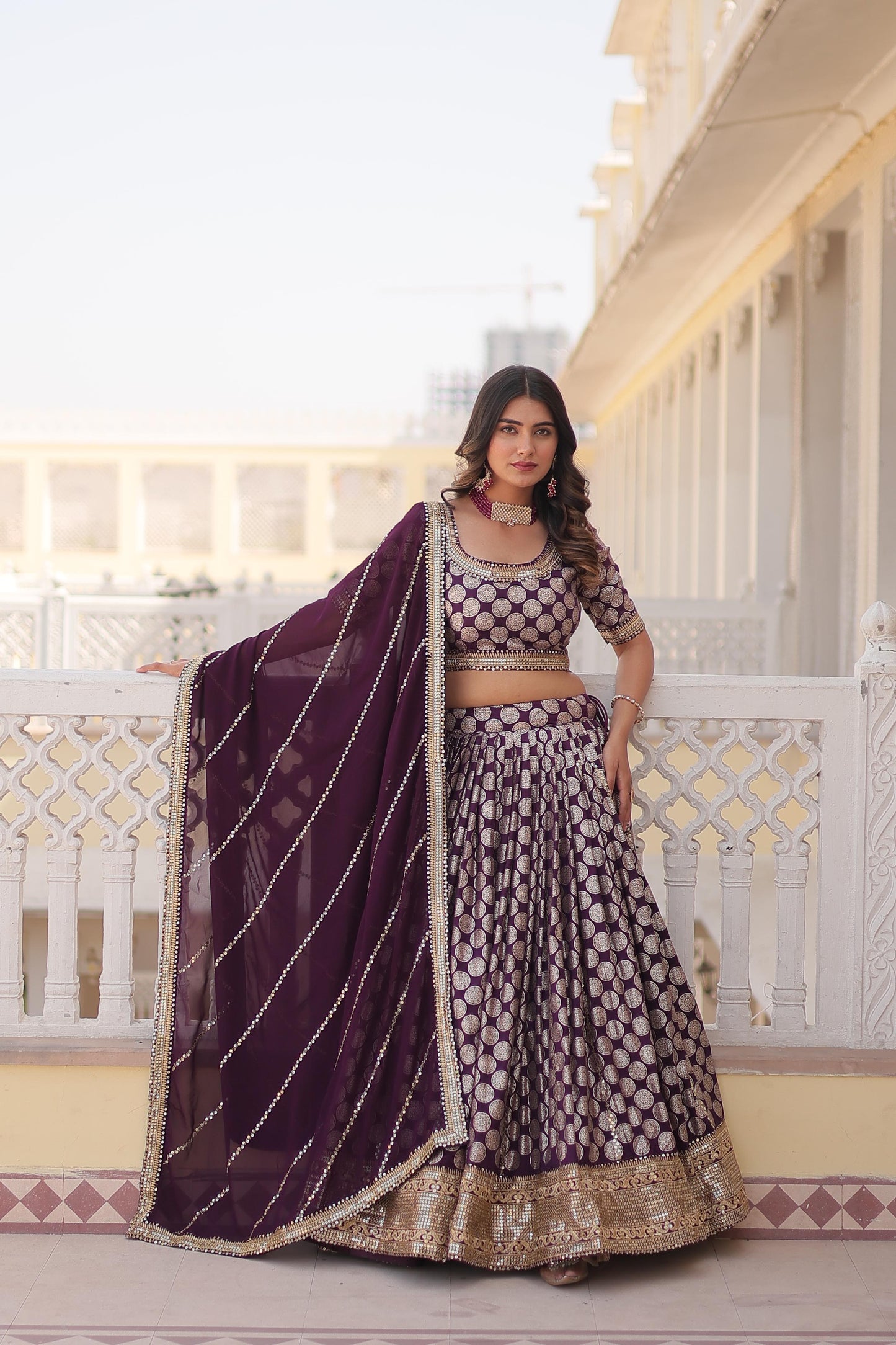 Elegant Jacquard Work Wine Color Lehenga Choli