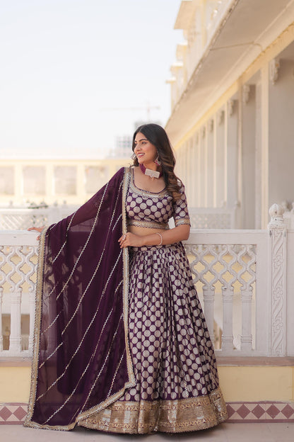 Elegant Jacquard Work Wine Color Lehenga Choli