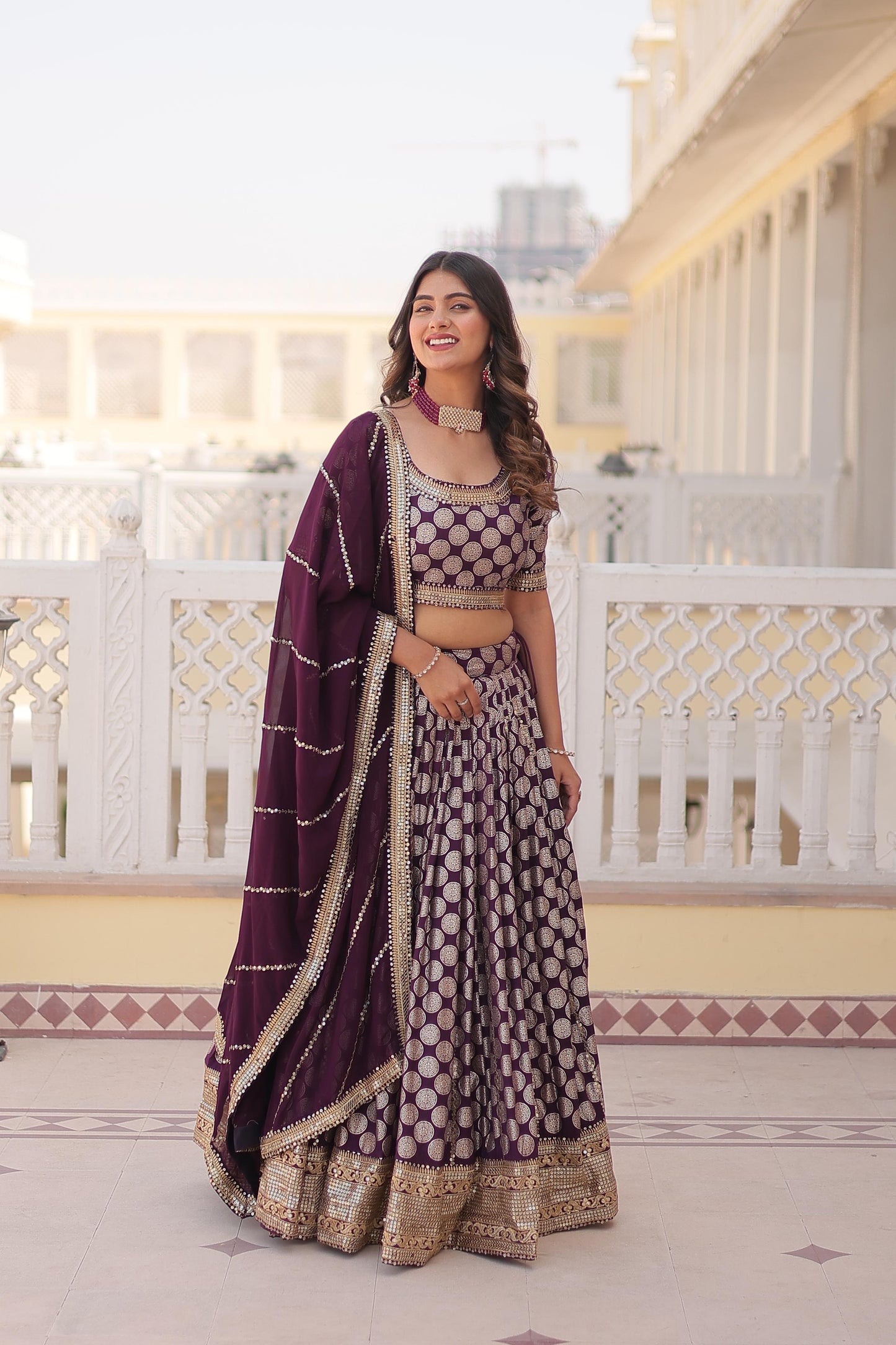 Elegant Jacquard Work Wine Color Lehenga Choli