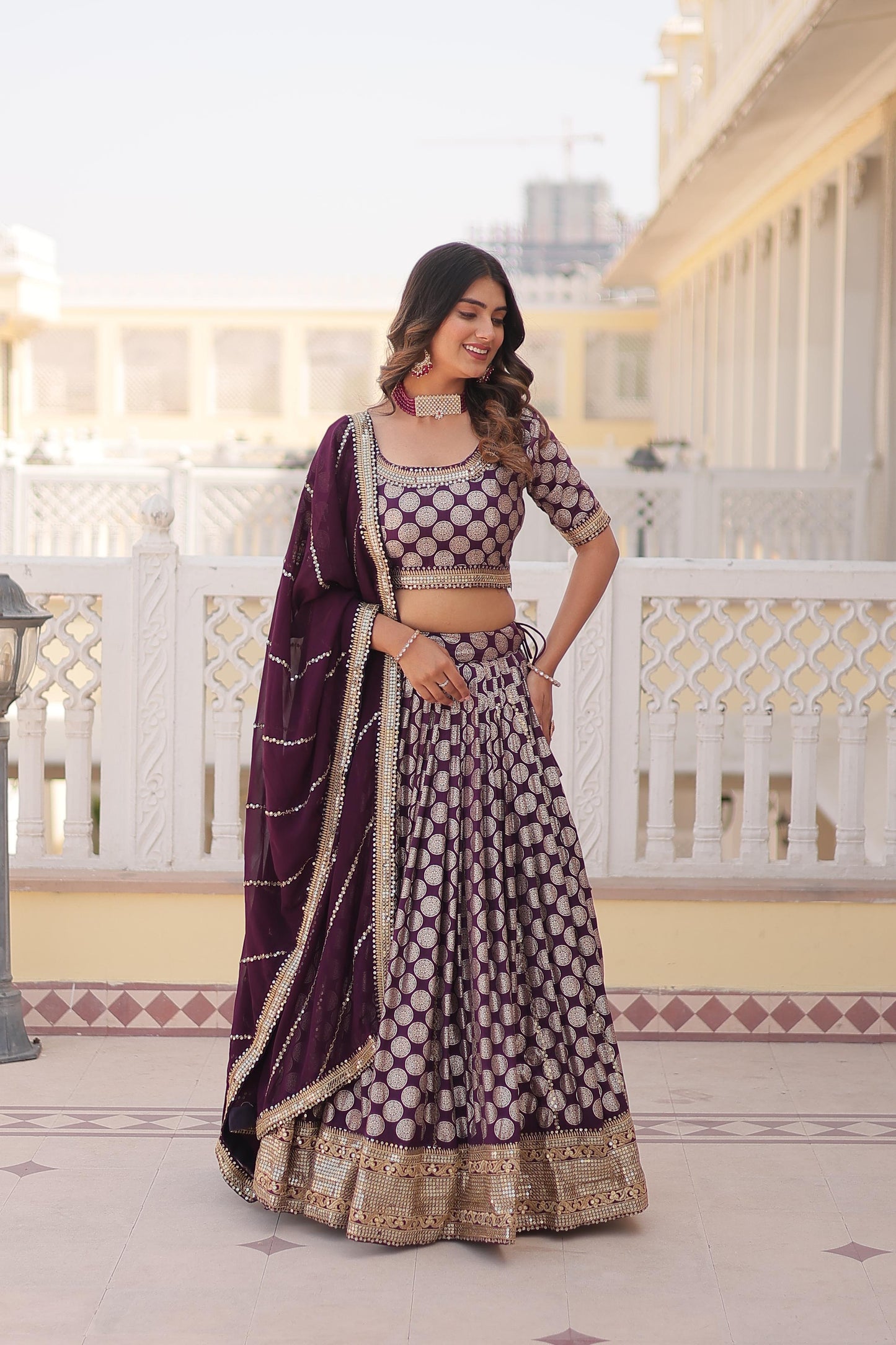 Elegant Jacquard Work Wine Color Lehenga Choli