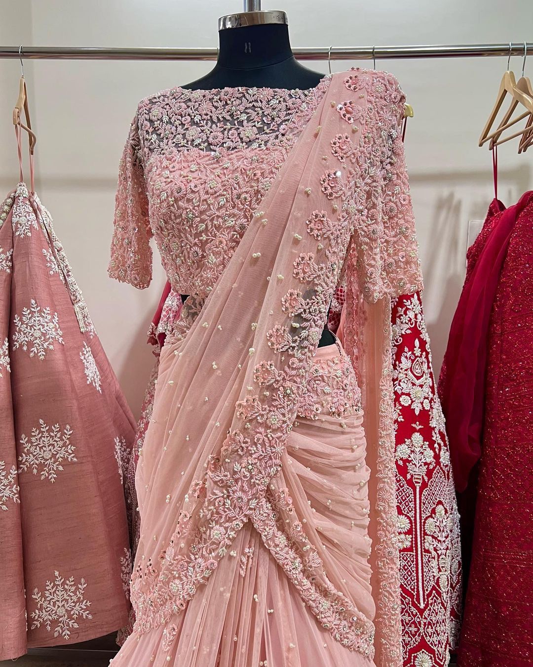 Exclusive Pin Color Pearl Work Net Saree
