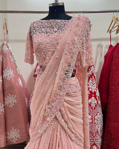 Exclusive Pin Color Pearl Work Net Saree