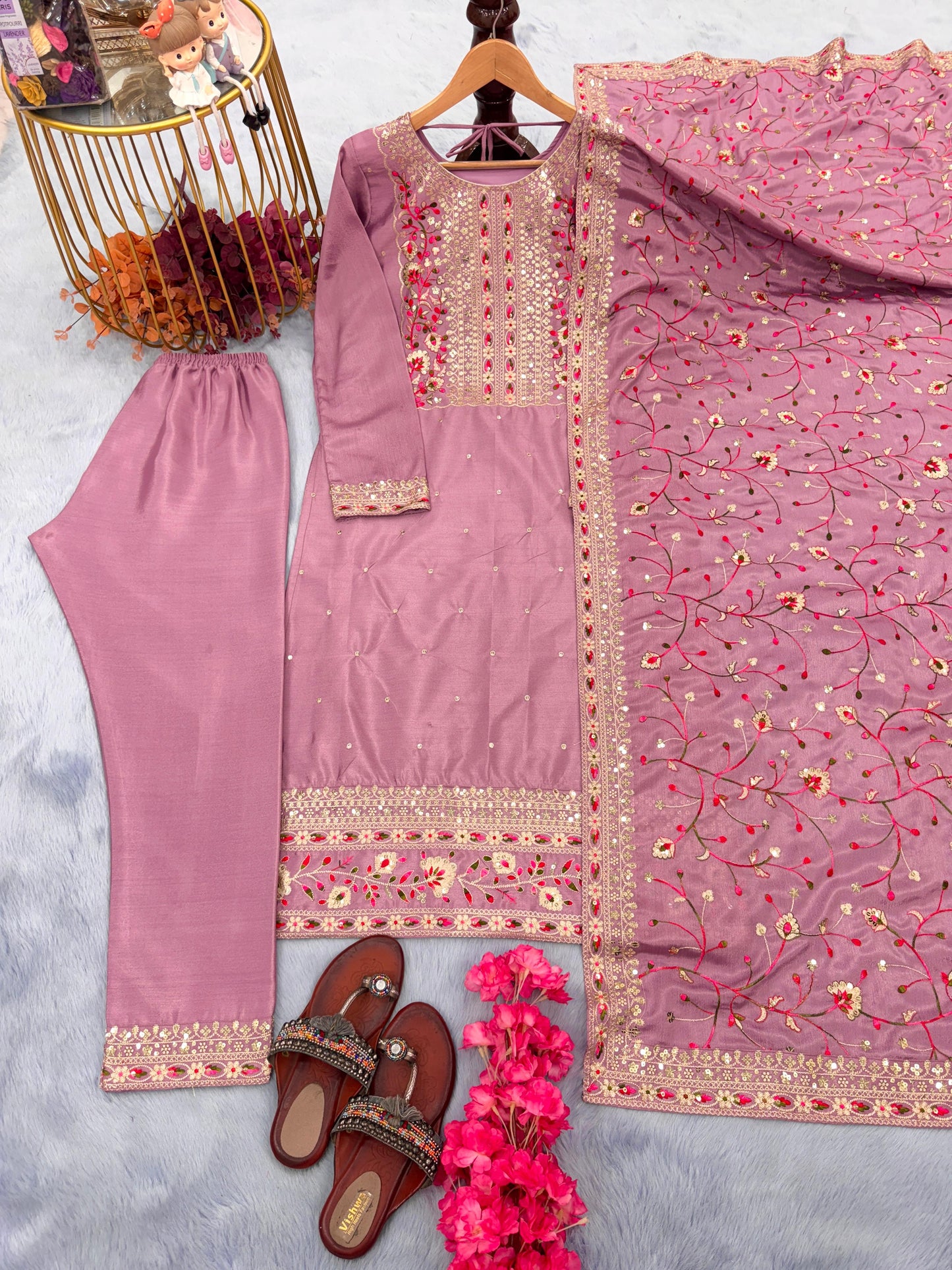Stylish Embroidery Work Pink Color Salwar Suit