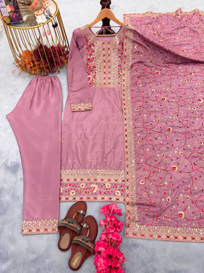 Stylish Embroidery Work Pink Color Salwar Suit