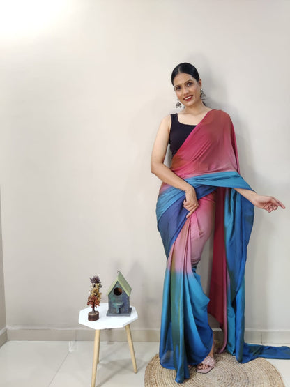 Stylish Pink With Blue Shade Ready To Wear Saree