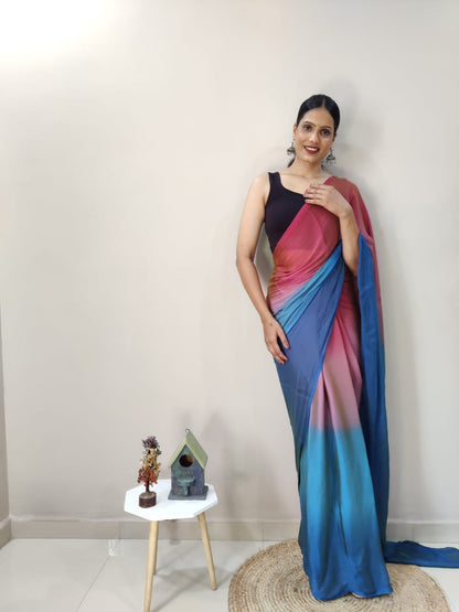 Stylish Pink With Blue Shade Ready To Wear Saree