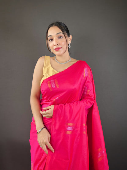 Copper Weaving Border And Pallu Dark Pink Color Saree