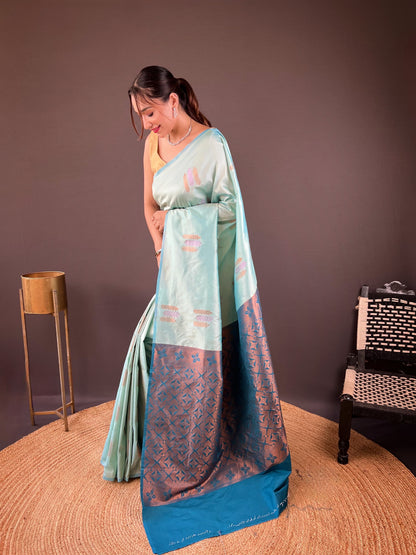 Copper Weaving Border And Pallu Sky Blue Color Saree