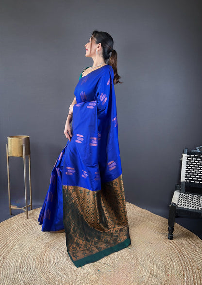 Copper Weaving Border And Pallu Navy Blue Color Saree