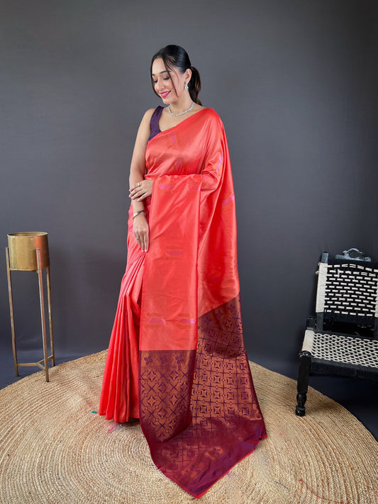 Opulent Copper Rich Weaving Pallu Red Color Saree