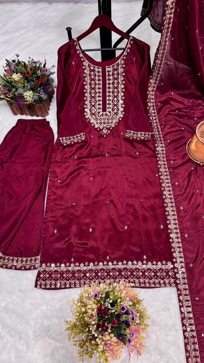 Stylish Embroidery Sequence Work Maroon Color Salwar Suit