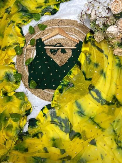 Sequence Work Butti Work Shibori Print Yellow Saree