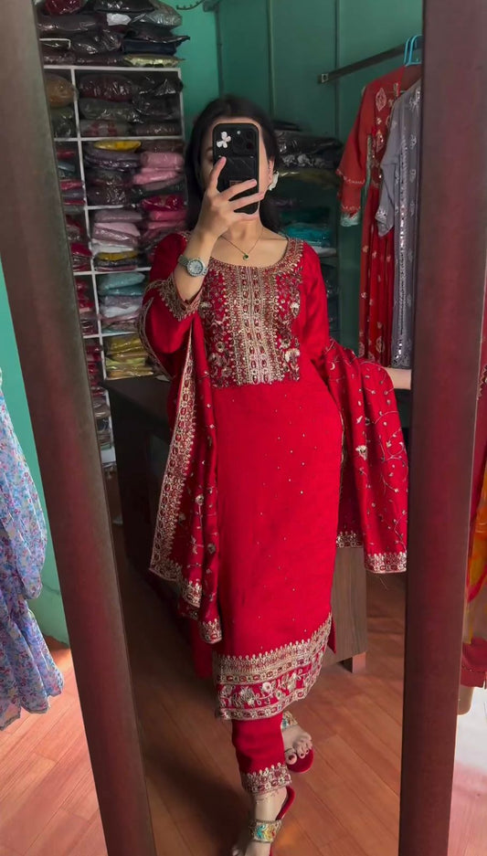 Stylish Embroidery Work Red Color Salwar Suit