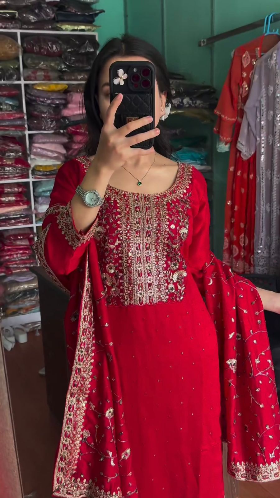 Stylish Embroidery Work Red Color Salwar Suit