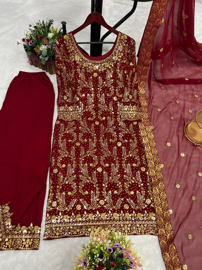 Trending Maroon Color Sequence Work Kurti Set With Dupatta
