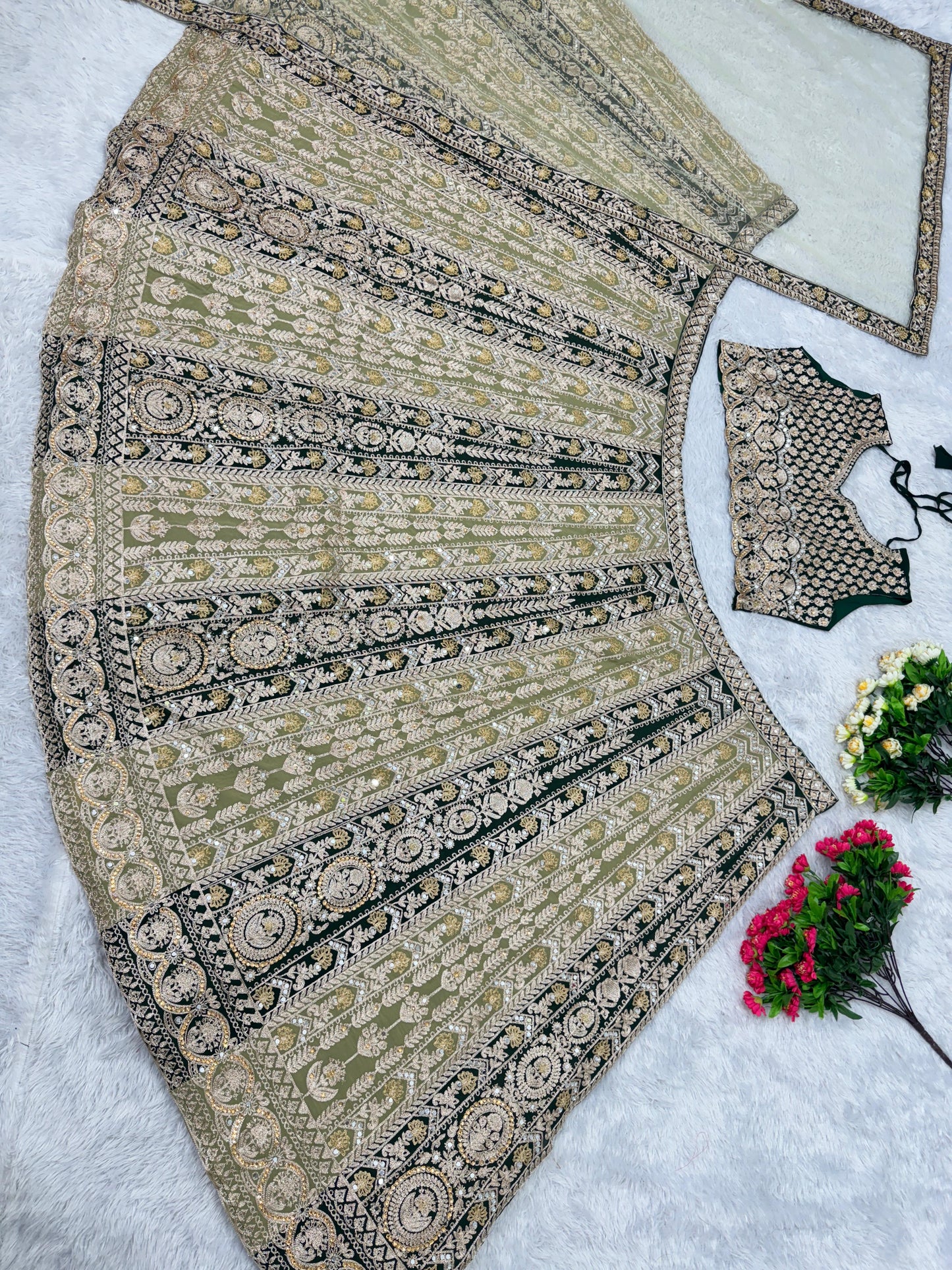 Pretty Pista With Black Mirror Hand Work Lehenga Choli