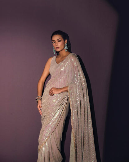 Glimmering Sequence Work Beige Color Saree