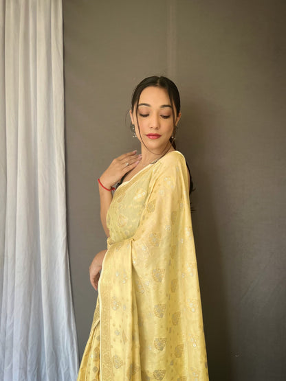 Soft Silk Gold And Silver Design Yellow Saree