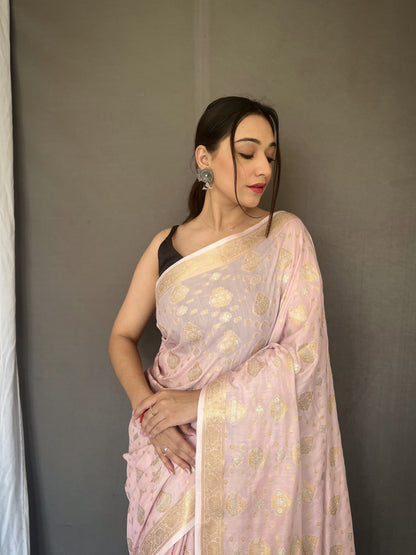 Soft Silk Gold And Silver Design Light Pink Saree