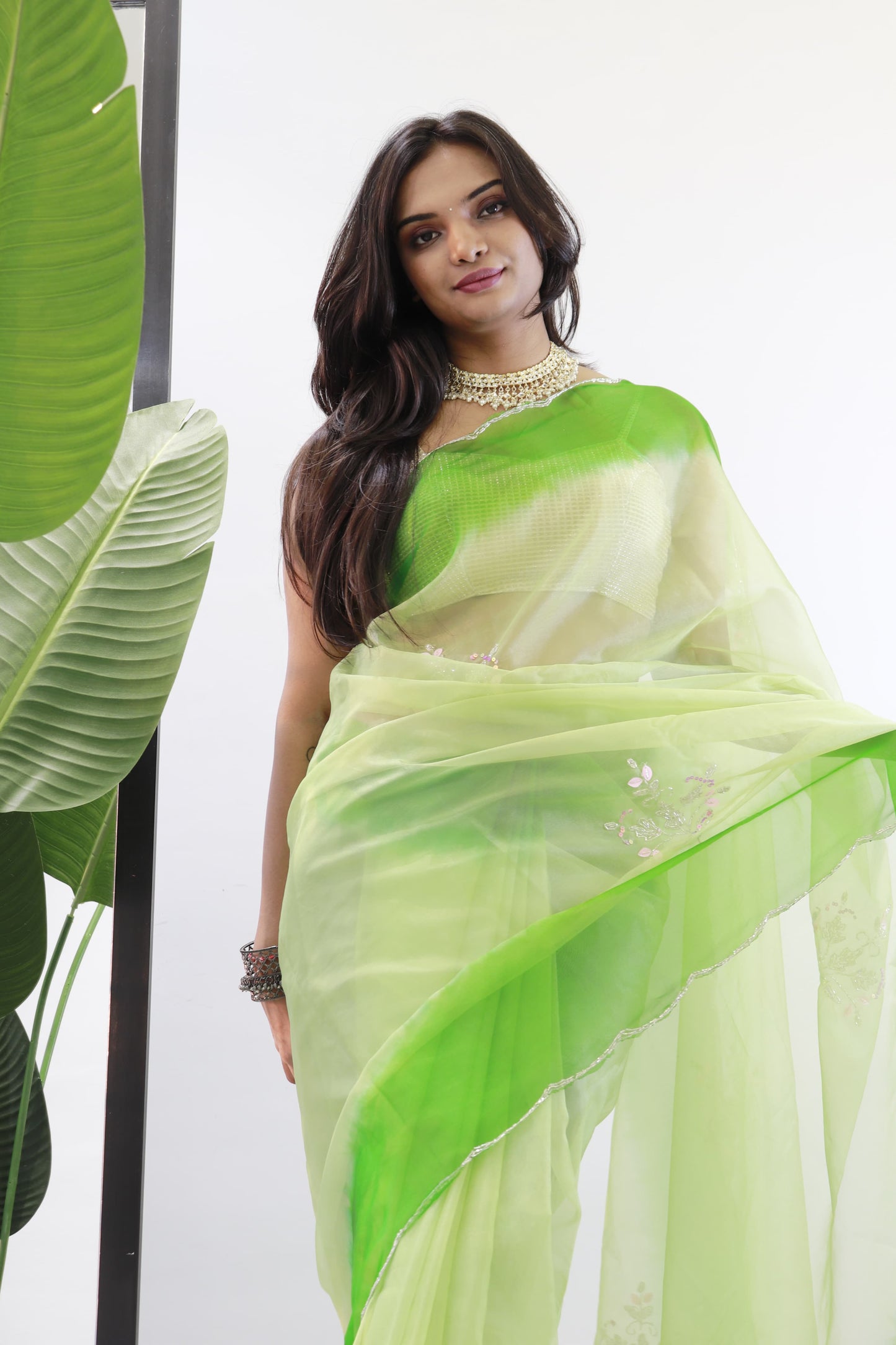 Double Shade Organza Silk Green Color Saree