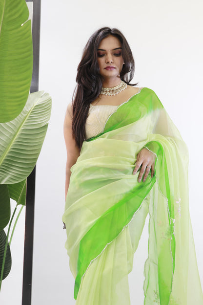 Double Shade Organza Silk Green Color Saree