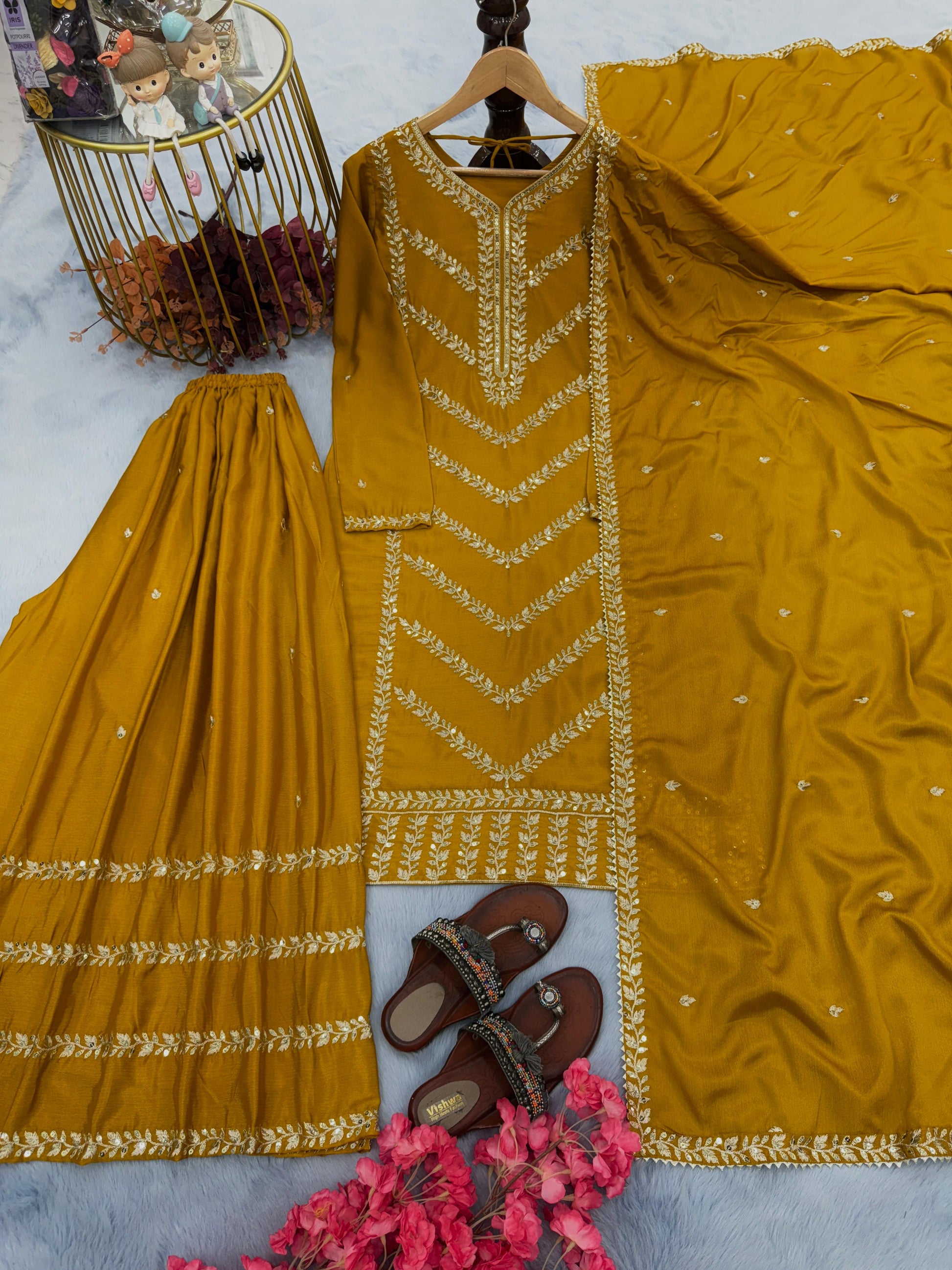 Attractive Yellow color Embroidery Sequence Work