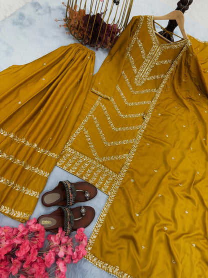 Attractive Yellow color Embroidery Sequence Work