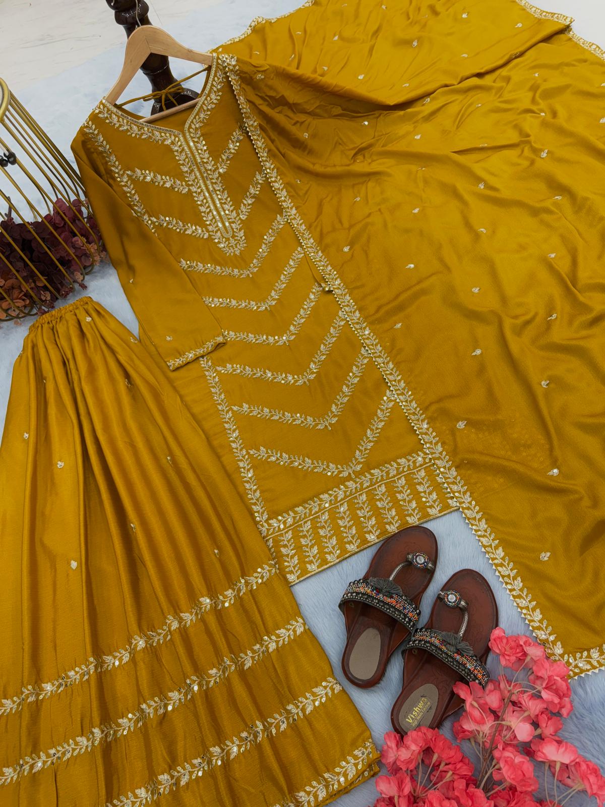 Attractive Yellow color Embroidery Sequence Work