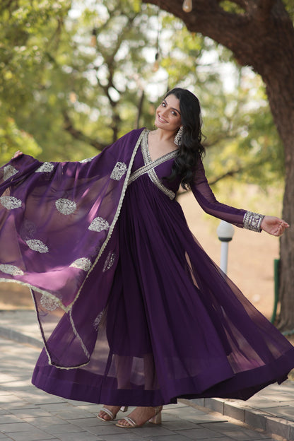 Embellished Purple Color Gown With Dupatta
