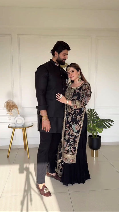 Exclusive Black Color Gorgette Sequence Work Sharara Suit