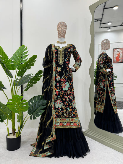 Exclusive Black Color Gorgette Sequence Work Sharara Suit