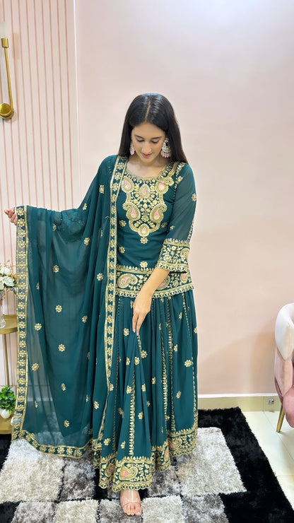 Multi Needle Work Teal Green Color Top With Lehenga