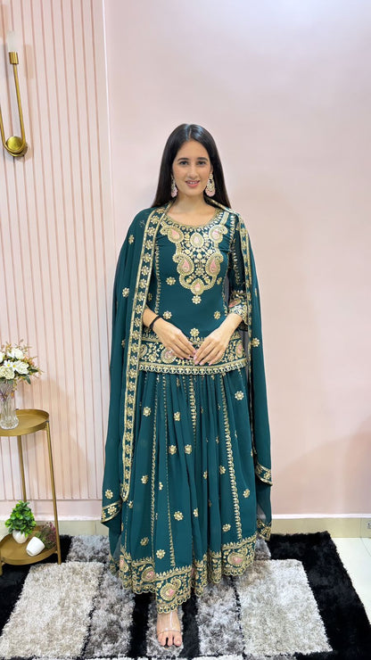 Multi Needle Work Teal Green Color Top With Lehenga