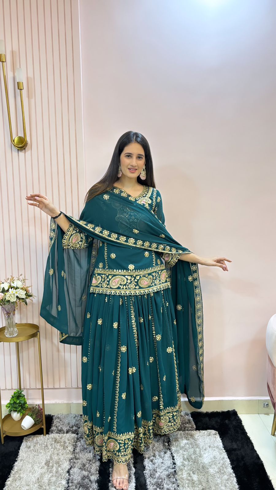 Multi Needle Work Teal Green Color Top With Lehenga