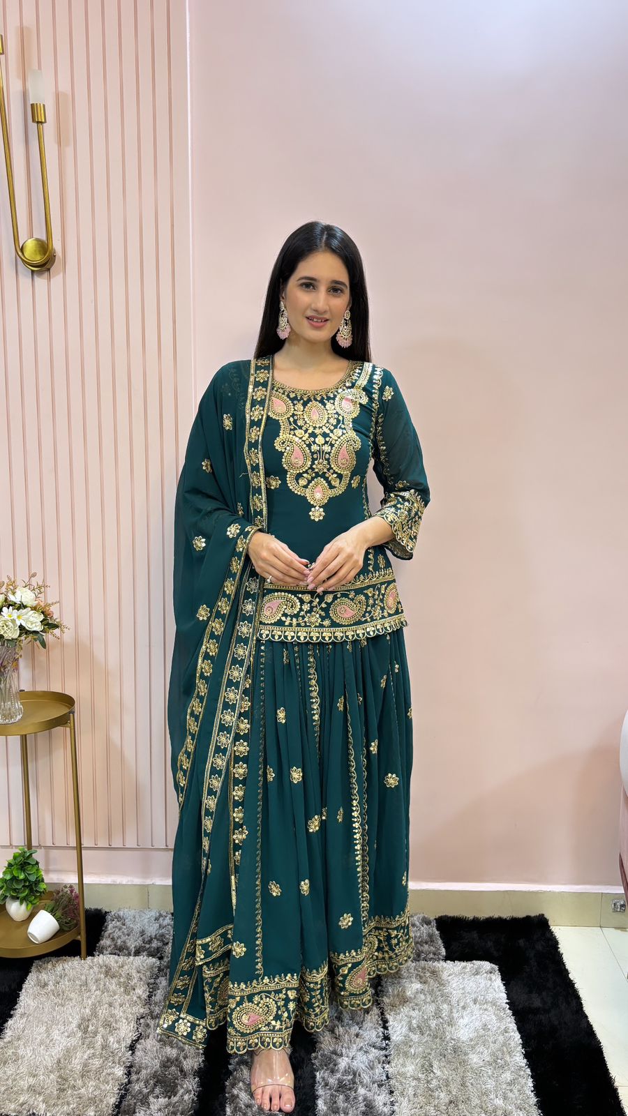 Multi Needle Work Teal Green Color Top With Lehenga