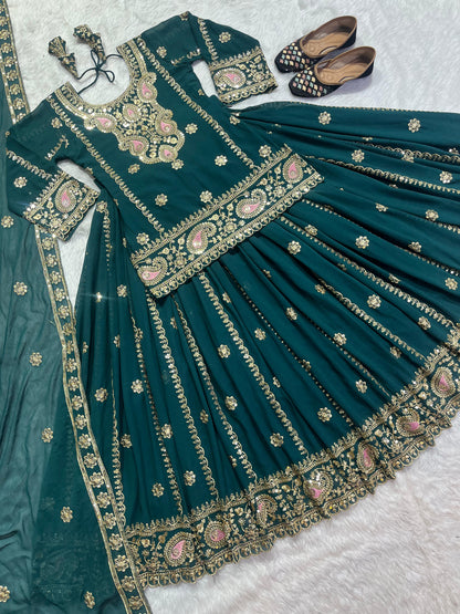 Multi Needle Work Teal Green Color Top With Lehenga