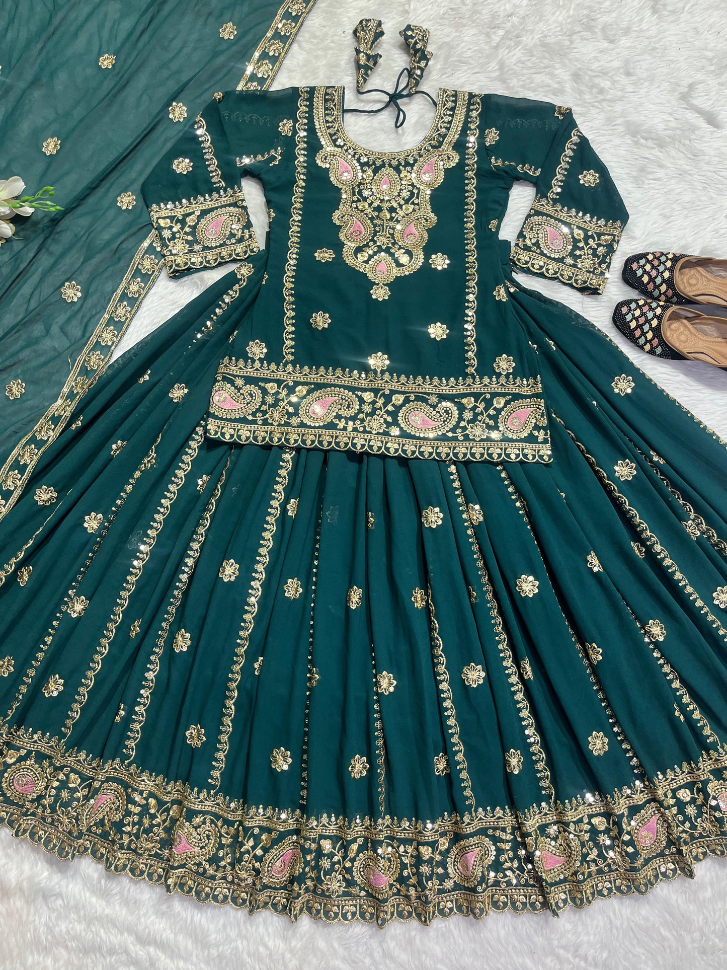 Multi Needle Work Teal Green Color Top With Lehenga