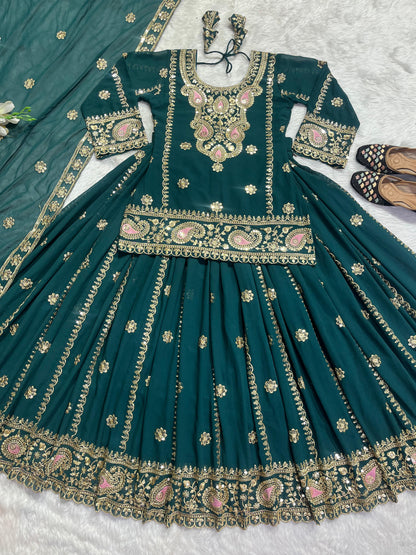 Multi Needle Work Teal Green Color Top With Lehenga