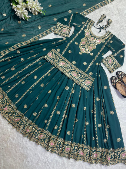 Multi Needle Work Teal Green Color Top With Lehenga