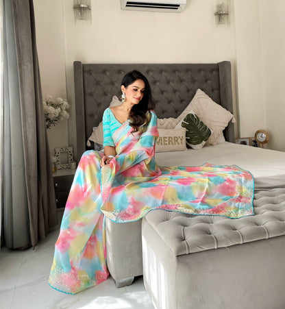 Sky Blue Amazing Embroidery Work Printed Saree With Work Blouse