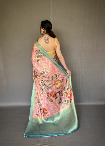 Wedding Wear Pink Color Multi Digital Flower Print Saree
