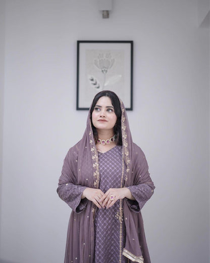Designer Wear Georgette Embroidery Work Lavender Color Kurti Pant With Dupatta