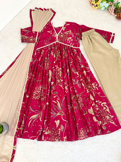 Fancy Neck Pattern Pink Color Anarkali Dress