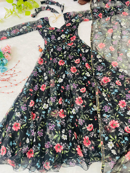 Festivals Black Color Flower Organza Anarkali Suit