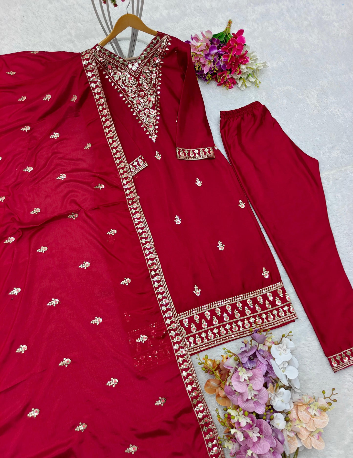 Amazing Sequence Embroidery Work Red Color Salwar Suit